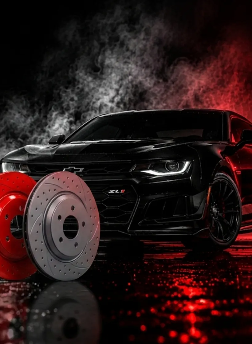Black Chevrolet Camaro ZL1 with SP Performance drilled and slotted brake rotors in red studio smoke